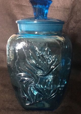 Vintage L.  E.  Smith Glass Large 10 3/4 " Canister Sunscroll Blue Teal Cookie Jar