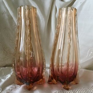 Antique Bohemian Art Nouveau Rubina Verde (uranium) Ribbed Footed Glass Vases