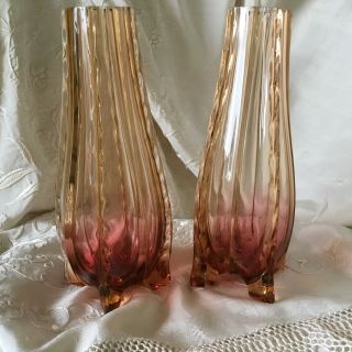 Antique Bohemian Art Nouveau Rubina Verde (Uranium) Ribbed Footed Glass Vases 3