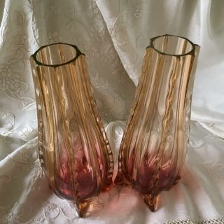 Antique Bohemian Art Nouveau Rubina Verde (Uranium) Ribbed Footed Glass Vases 4