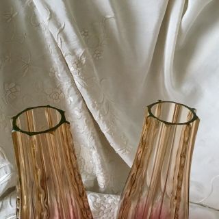 Antique Bohemian Art Nouveau Rubina Verde (Uranium) Ribbed Footed Glass Vases 5