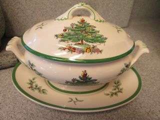 Spode Christmas Tree Gravy Sauce Boat With Under - Plate & Lid