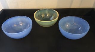 3 Effetre Murano Glass 5.  5” Bowls Opalescent Blue & Yellow Textured Italy