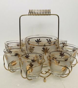 Vintage Libbey Golden Foliage Leaf 8 Tumbler Glasses Ice Bucket Round Caddy Set