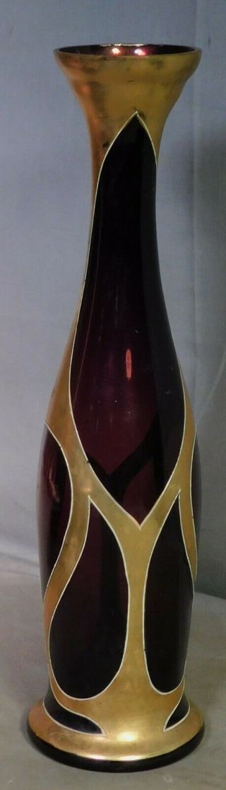 Antique Czechoslovakian Gilt Amethyst Art Nouveau Glass Vase Purple Gold Czech 3