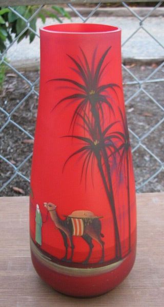 Vintage Czech Czechoslovakia Red Glass Vase Hp Desert Scene Camel & Palm Trees