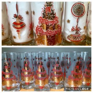 6 Vintage Mid - Century Merry Christmas Highball Tumbler Drinking Glasses Gold Red