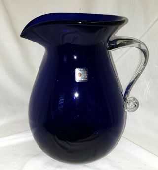 Vintage Blenko Cobalt Blue Art Glass 10 " Pitcher Beverage Clear Handle