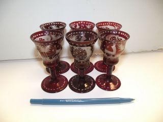 6 Tiny Wine Goblets 3.  25 " Deer Czech Bohemian Ruby Cut To Clear Crystal