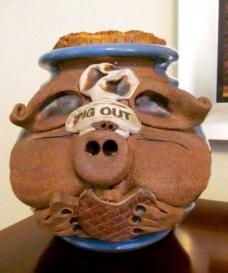 Vintage Signed Mahon Hand Made Stoneware Pottery Funny Face Pig Out Cookie Jar