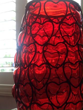 Red Glass Vase With Metal Caged Hearts Handblown