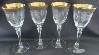 4 Tiffin Franciscan Melrose Clear Gold Encrusted Etched Crystal Wine Goblets