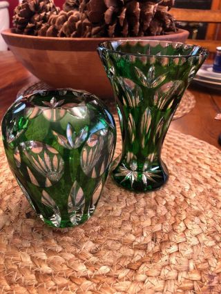 Vintage Czech Bohemian Emerald Green Cut To Clear Art Glass Vase Pair
