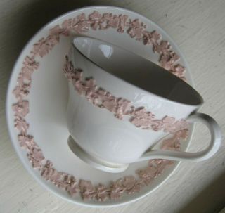 Wedgwood of Etruria & Barlaston Queen ' s Ware Cup & Saucer w/Pink Grapevine 6