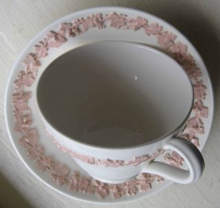 Wedgwood of Etruria & Barlaston Queen ' s Ware Cup & Saucer w/Pink Grapevine 7