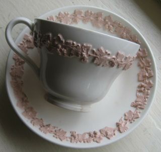 Wedgwood of Etruria & Barlaston Queen ' s Ware Cup & Saucer w/Pink Grapevine 8