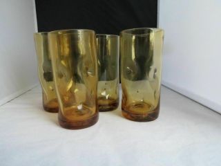 4 Blenko Amber Yellow Gold Pinched Dimpled Tumblers Glasses 6 "