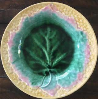 Antique Gs&h Etruscan Majolica Pottery Leaf W Basket Weave 9 " Plate C 1880 