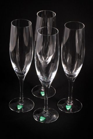 Set Of 4 Orrefors Swedish Clear Crystal Champagne Flutes Glasses Labels
