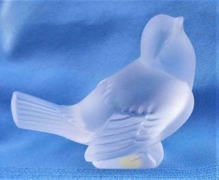 Lalique France Vintage Frosted Crystal Sparrow Head Up Bird Figurine Paper Label