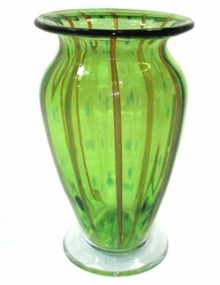 Vintage Green Art Glass Vase Hand - Blown With Rust Colored Vertical Stripes