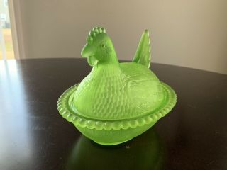 Vintage Frosted Lime Green Indiana Hen On Nest Candy Dish Frost Glass 2