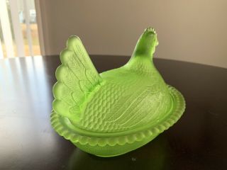 Vintage Frosted Lime Green Indiana Hen On Nest Candy Dish Frost Glass 4