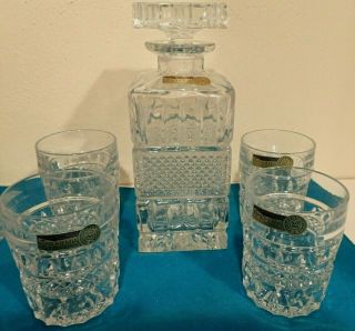 Vintage Czech Bohemia Full Lead Crystal Whiskey Decanter 4 Glass Set