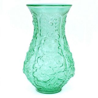 Antique / Vintage Imperial Glass Green Poppy Show Vase Embosed Floral Pattern