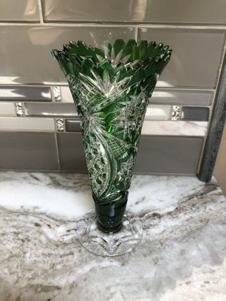 Vintage Bohemian Czech Vase 8 " Tall Emerald Green Cut To Clear Star Burst