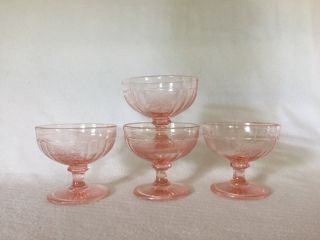 4 Anchor Hocking Pink Mayfair Open Rose Footed Low Sherbets U.  S.