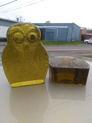 Mid Century Modern Pair Blenko Glass Owl Bookends 2
