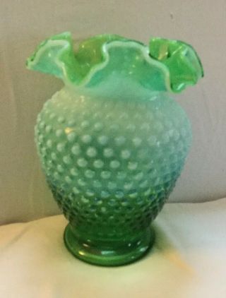 Vintage Fenton Green Hobnail Opalescent Ruffled Edge 6” Vase Estate