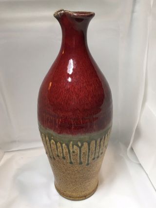Ray Pottery Pitcher Vase With Dripping Red And Green Glaze 12 "