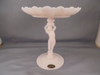 Vintage Cambridge Glass Crown Tuscan Statuesque Nude Female Compote w Stickers 2