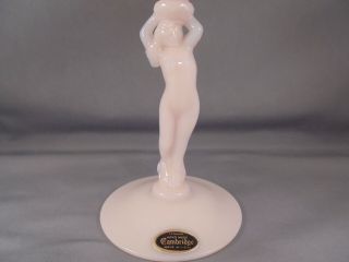 Vintage Cambridge Glass Crown Tuscan Statuesque Nude Female Compote w Stickers 3