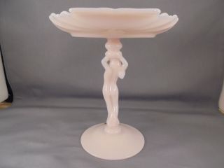 Vintage Cambridge Glass Crown Tuscan Statuesque Nude Female Compote w Stickers 5