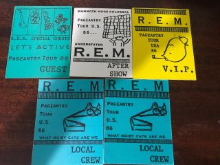 Set Of 5 Vintage Otto R.  E.  M.  Rem Pageantry Tour 1986 Satin Cloth Backstage Pass