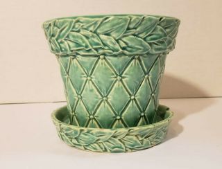 Mccoy 6” Aqua Flower Pot With Tray Quilted With Leaves - Fresh - Nr