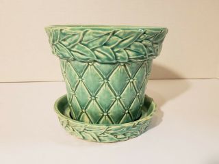McCoy 6” Aqua Flower Pot with Tray Quilted with Leaves - Fresh - NR 2