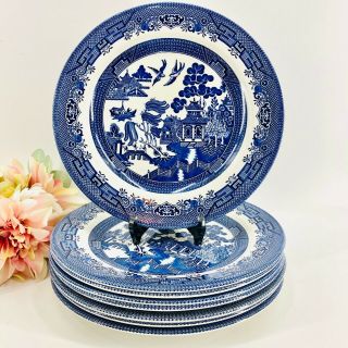 Set Of 8 Churchill Blue Willow 10 1/4 " Dinner Plates Made In England Blue White
