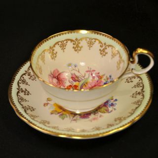 Aynsley Footed Cup Saucer 1939 - 1959 Doris Handle Floral C895/2 Green Gold Trim