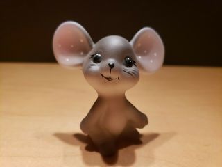 Adorable Fenton Art Glass Handblown Grey Mouse With Pink Polka Dot Ears