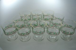 12 - pc Arby ' s Glassware Holly Berry Ribbon Sherbet Glass Libbey Gold Stemware USA 2