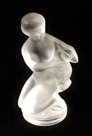 Signed Lalique France Crystal Figure Nude Lady Diana Huntress With Lamb
