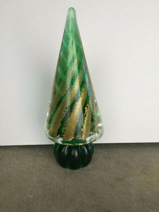 Murano Glass Christmas Tree,  7.  25 Tall,  Gold Swirl,  Cased Green Glass