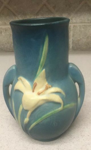 Antique Roseville Art Pottery Zephyr Lily 130 - 6 Blue Handled Vase.