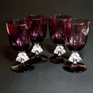 4 (four) Bryce Bros Aquarius Amethyst Purple Crystal Wine Glasses Art Deco