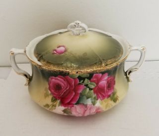 Antique P T Germany Wheelock Porcelain Soup Or Serving Bowl W/ Lid Pretty Roses