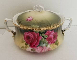 Antique P T Germany Wheelock Porcelain Soup or Serving Bowl w/ Lid Pretty Roses 2